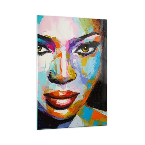 Obraz na szkle - Kolorowy portret kobiety z intensywnym spojrzeniem - 80x120cm - Nie sposób oderwac oczu - Nowoczesna dekoracja ścienna do salonu i sypialni ARTTOR