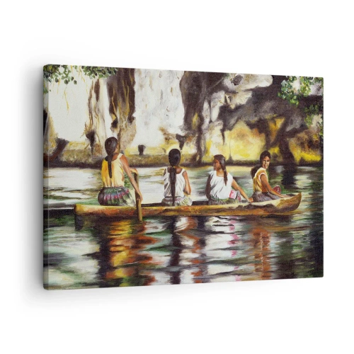 Obraz na płótnie - Kobiety w łodzi na spokojnej rzece z malowniczym tłem - 70x50cm - W polinezyjskim raju - Nowoczesna dekoracja ścienna do salonu i sypialni ARTTOR