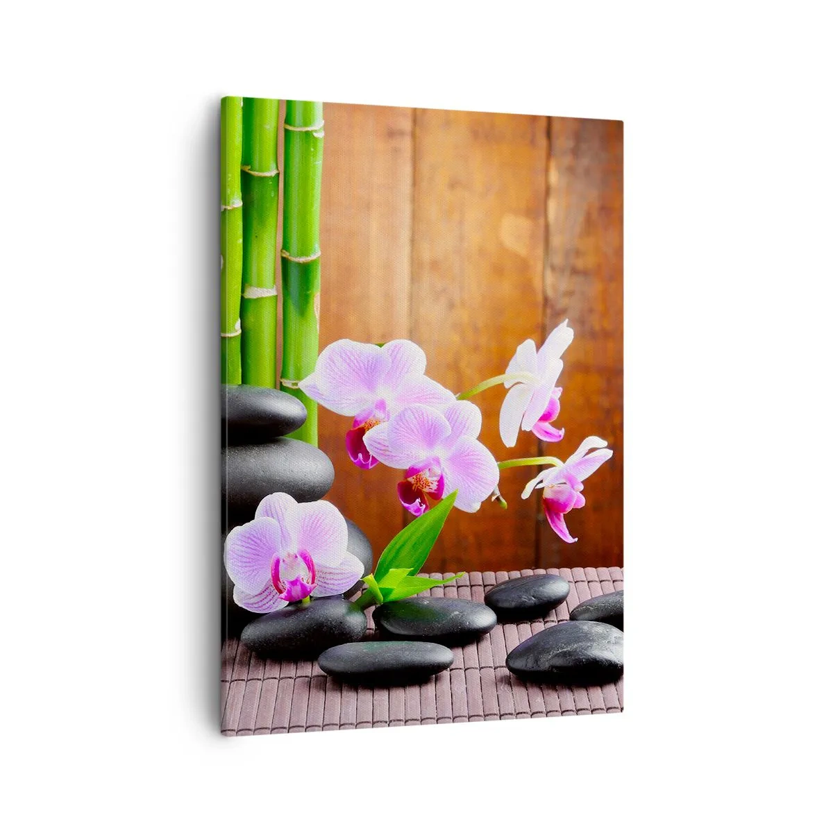 Obraz na płótnie - Fioletowe orchidee i bambus na tle drewna - 50x70cm - Poznaj przyjemności wschodu - Nowoczesna dekoracja ścienna do salonu, kuchni i sypialni ARTTOR