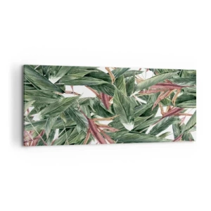 Obraz na płótnie - Dekoracyjny motyw liści w odcieniach zieleni i bordo na jasnym tle - 120x50cm - Szmaragdowo-liliowy gąszcz - Nowoczesna dekoracja ścienna do salonu i sypialni ARTTOR
