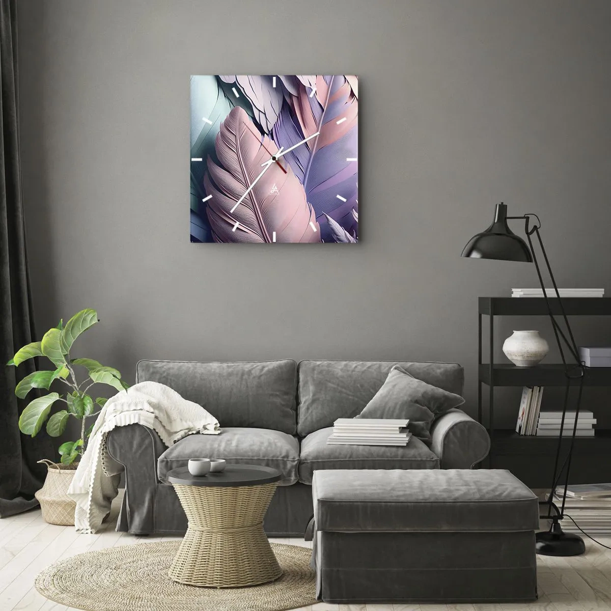 Zegar ścienny - Kolorowe pióra w pastelowych odcieniach na jasnym tle - 30x30cm - Ptasi szyk - Nowoczesna dekoracja ścienna do salonu i sypialni ARTTOR