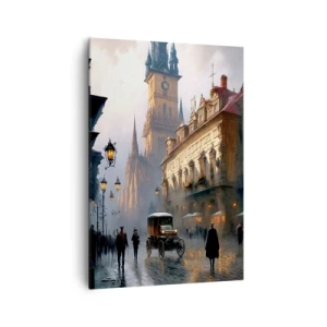 Obraz na płótnie - Wieczorna scena uliczna z zabytkową architekturą - 70x100cm - Czar praskiego wieczoru - Nowoczesna dekoracja ścienna do salonu i sypialni ARTTOR