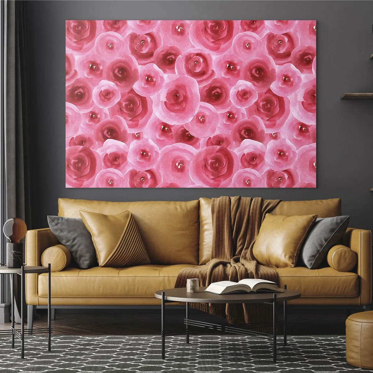Obraz na szkle - Akwarelowy wzór róż w odcieniach czerwieni i różu - 70x50cm - Róże na dole i na górze - Nowoczesna dekoracja ścienna do salonu i sypialni ARTTOR