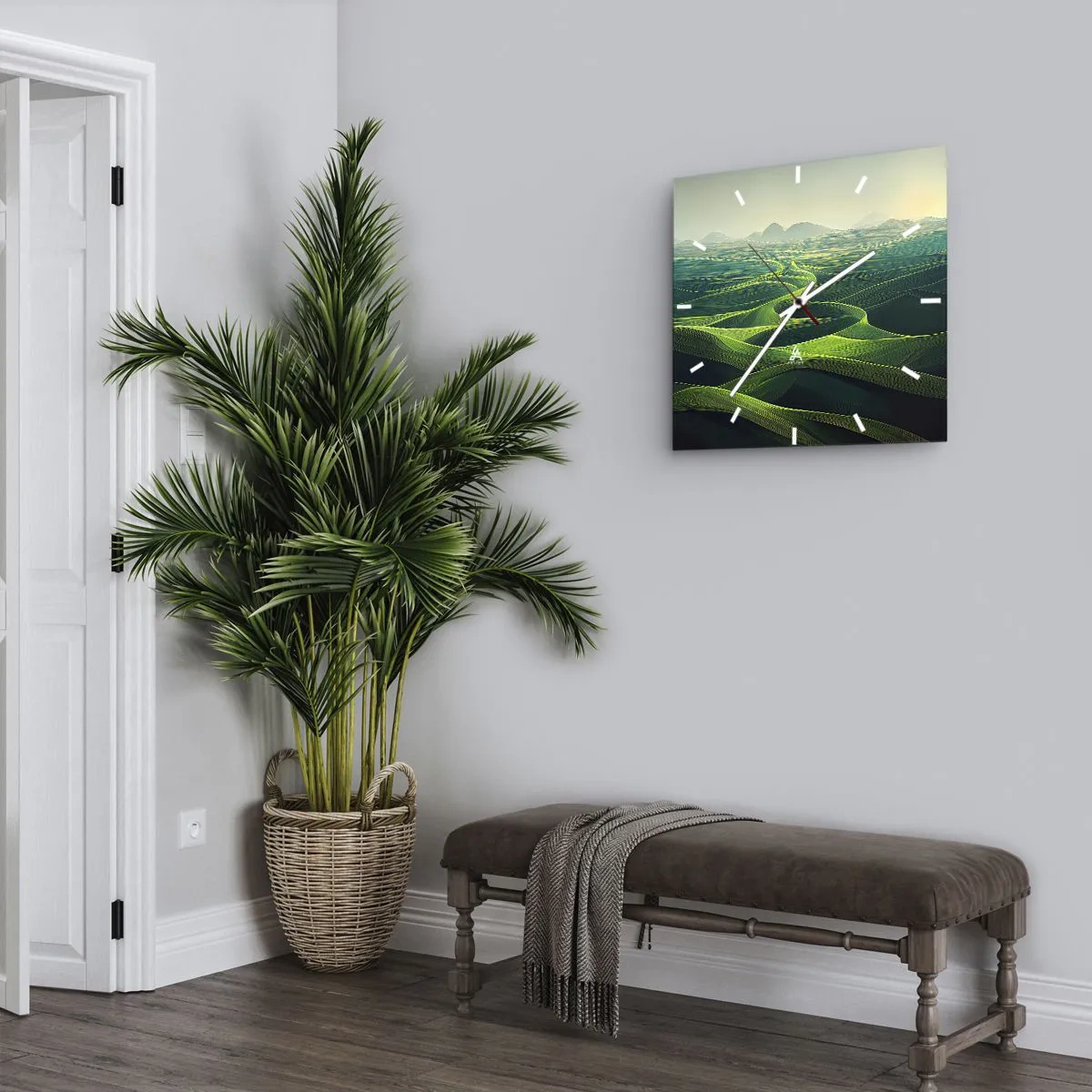 Zegar ścienny - Zielone wzgórza z falistymi ścieżkami - 30x30cm - W zielonych dolinach - Nowoczesna dekoracja ścienna do salonu i sypialni ARTTOR