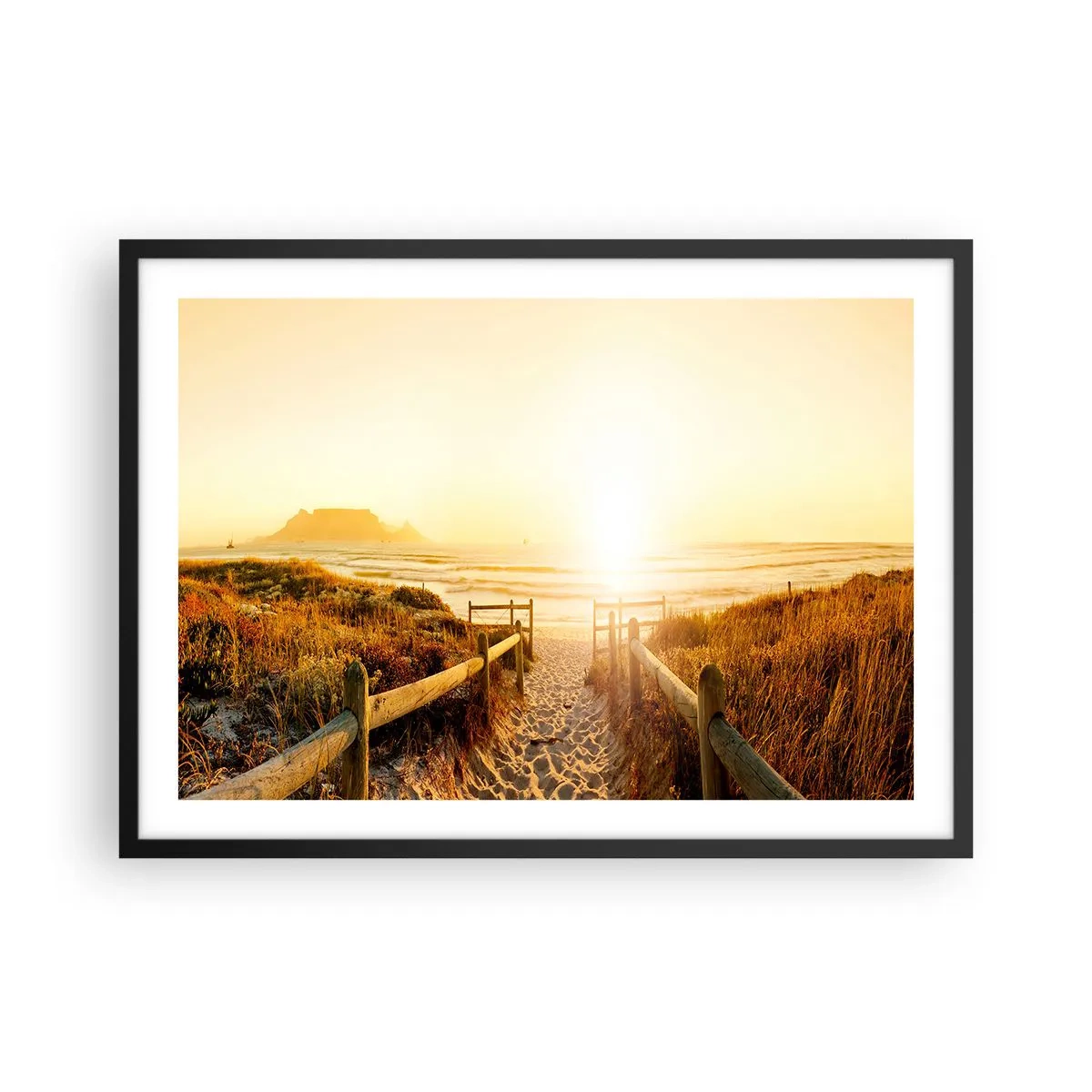 Plakat w czarnej ramie - Ścieżka na plażę podczas złotego zachodu słońca - 70x50cm - Przez wydmę, w stronę słońca - Nowoczesna dekoracja ścienna do salonu i sypialni ARTTOR