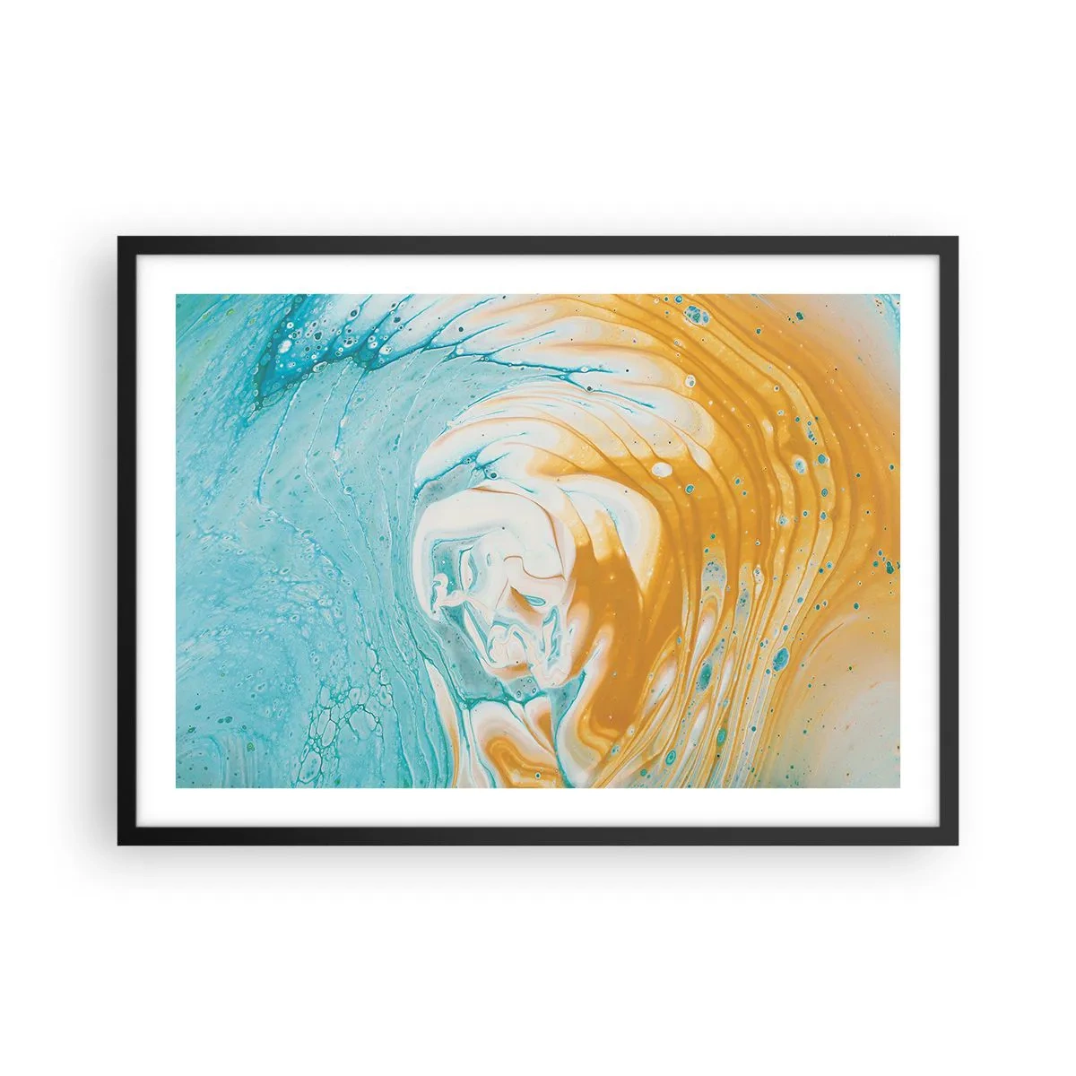 Plakat w czarnej ramie - Abstrakcyjne fale w odcieniach niebieskiego i złotego na płótnie - 70x50cm - Pastelowy wir - Nowoczesna dekoracja ścienna do salonu i sypialni ARTTOR