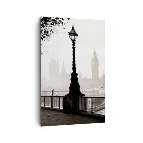 Obraz na płótnie - Monochromatyczny widok na Big Ben i Tamizę - 80x120cm - Londyński poranek - Nowoczesna dekoracja ścienna do salonu i sypialni ARTTOR