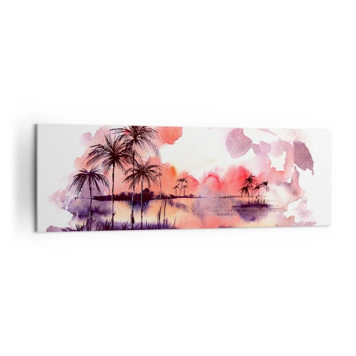 Obraz na płótnie - Tropikalny pejzaż z palmami o zachodzie słońca w akwareli - 160x50cm - Spokój tropików w czerwieni - Nowoczesna dekoracja ścienna do salonu i sypialni ARTTOR