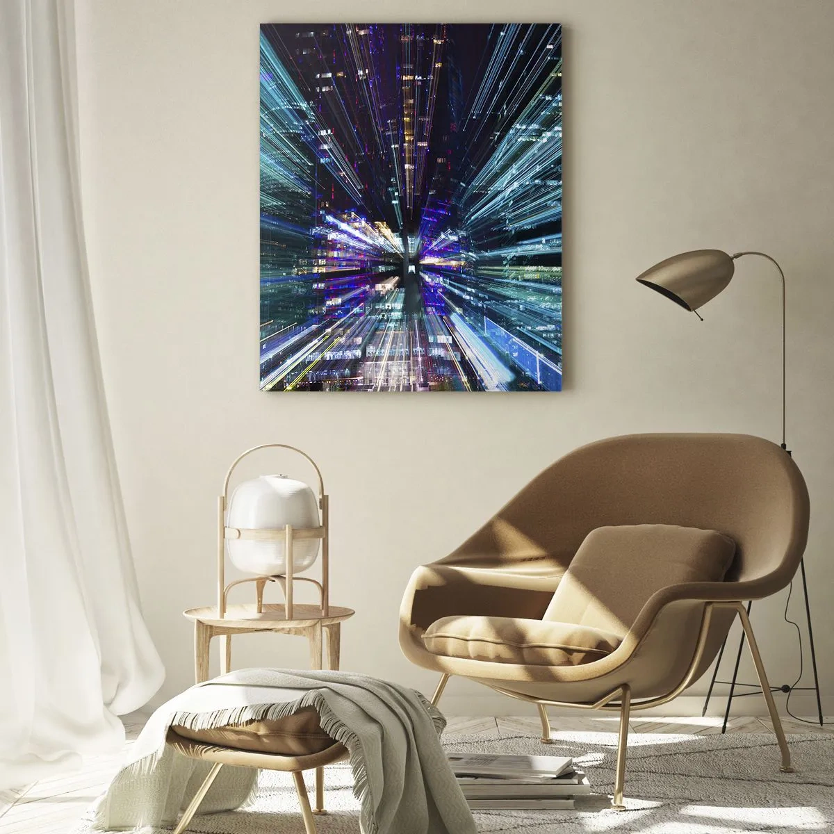 Obraz na szkle - Dynamiczne linie świetlne na tle nocnego miasta - 50x70cm - Przejście w nadprzestrzeń - Nowoczesna dekoracja ścienna do salonu, kuchni i sypialni ARTTOR