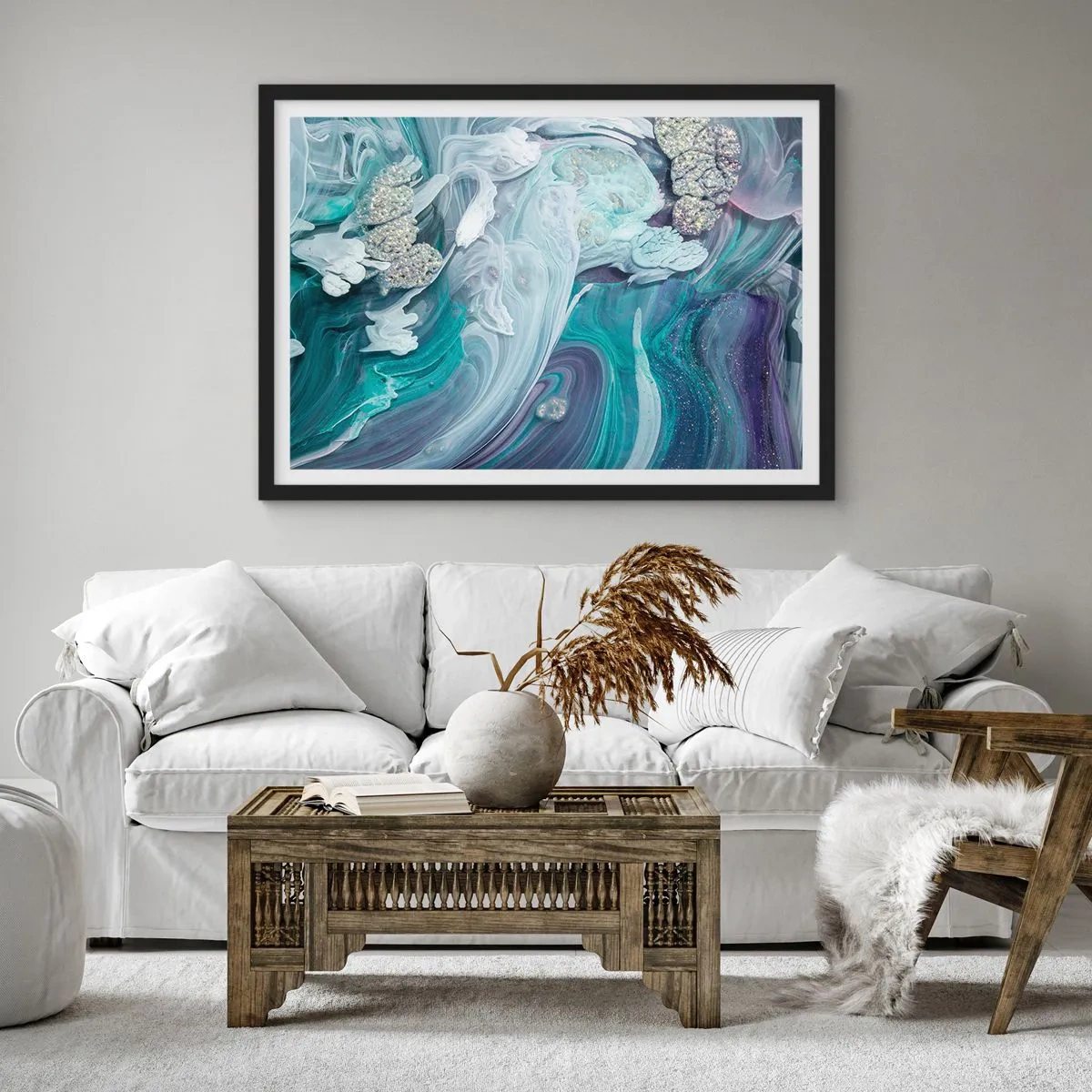 Plakat w czarnej ramie - Abstrakcyjne wiry w odcieniach błękitu i bieli - 70x50cm - Nurty błękitu - Nowoczesna dekoracja ścienna do salonu i sypialni ARTTOR