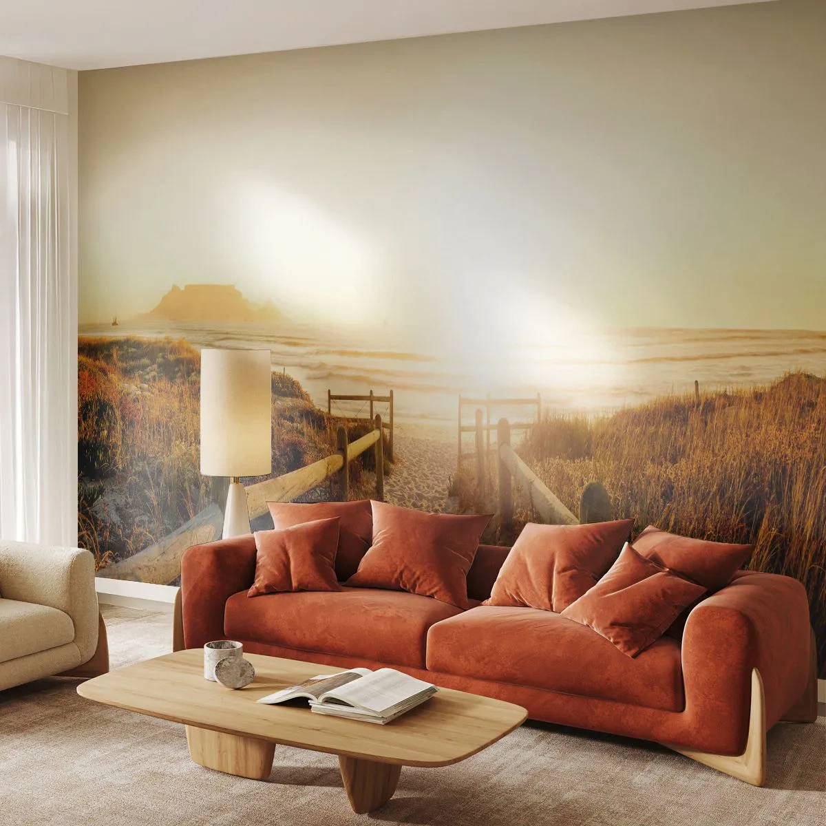Fototapeta Premium Sand - Ścieżka na plażę o zachodzie słońca z widokiem na morze - 100x70cm - Przez wydmę, w stronę słońca - Nowoczesna dekoracja ścienna do salonu, kuchni i sypialni ARTTOR