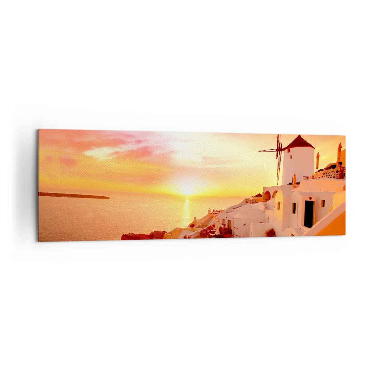 Obraz na płótnie - Santorini o zachodzie słońca z wiatrakiem - 160x50cm - Rozpłynąć się w bieli i złocie - Nowoczesna dekoracja ścienna do salonu i sypialni ARTTOR