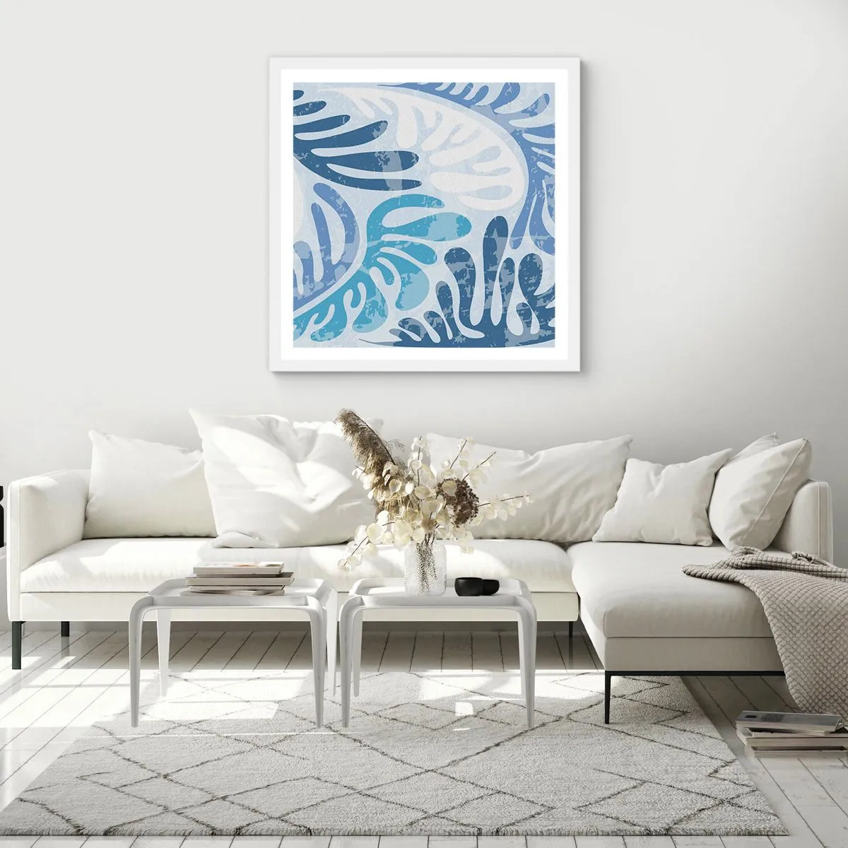 Plakat w białej ramie - Błękitne paprocie - 30x30 cm