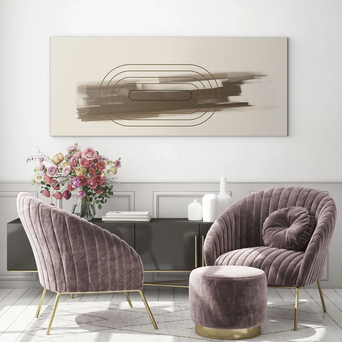 Obraz na szkle - Minimalistyczna kompozycja w odcieniach beżu i szarości z geometrycznym wzorem - 140x50cm - Powiew szarości - Nowoczesna dekoracja ścienna do salonu i sypialni ARTTOR