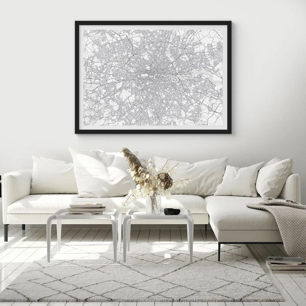 Plakat w czarnej ramie - Minimalistyczna mapa miasta w odcieniach szarości - 70x50cm - Mapa londyńskiego labiryntu - Nowoczesna dekoracja ścienna do salonu i sypialni ARTTOR