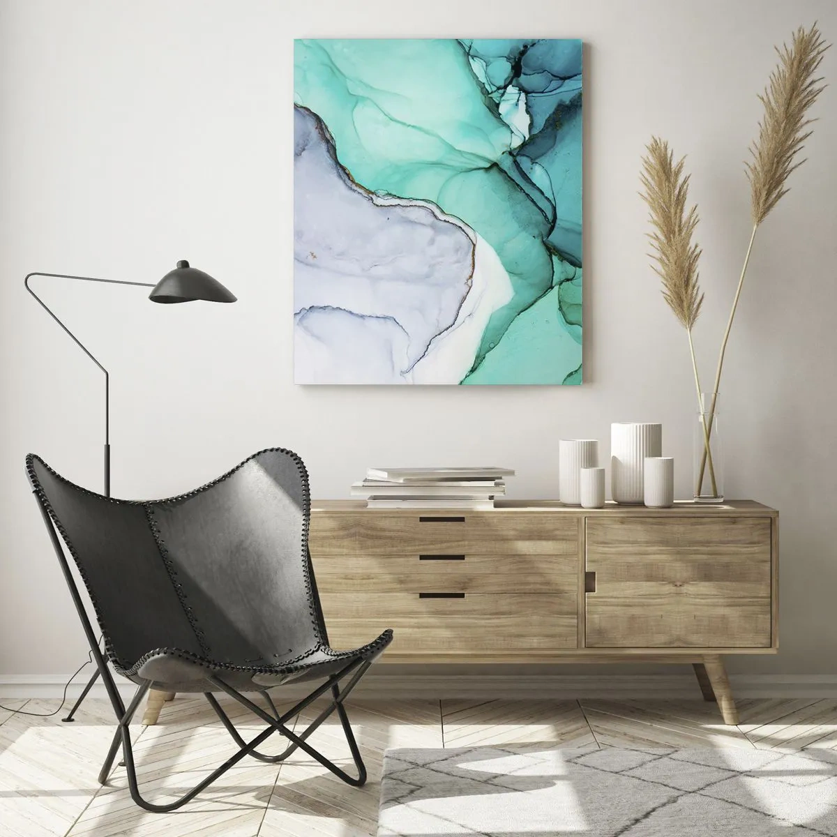 Obraz na szkle - Abstrakcyjny wzór w odcieniach turkusu i bieli - 70x100cm - Studium w turkusie - Nowoczesna dekoracja ścienna do salonu i sypialni ARTTOR