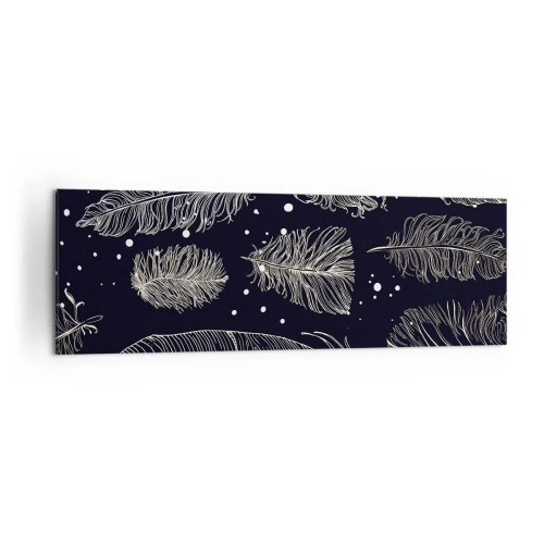 Obraz na płótnie - Delikatne białe pióra na granatowym tle - 160x50cm - Pierzasta koronka - Nowoczesna dekoracja ścienna do salonu i sypialni ARTTOR