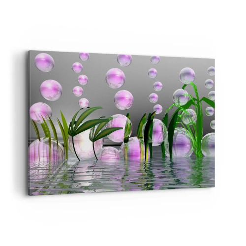 Obraz na płótnie - Zielone liście i różowe bańki nad wodą na tle szarym - 100x70cm - Refleksyjna kompozycja lekkości i życia - Nowoczesna dekoracja ścienna do salonu, kuchni i sypialni ARTTOR