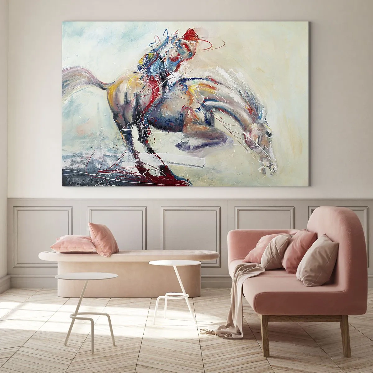 Obraz na szkle - Abstrakcyjny obraz konia w dynamicznym ruchu - 70x50cm - Trzymaj się, lecimy - Nowoczesna dekoracja ścienna do salonu i sypialni ARTTOR