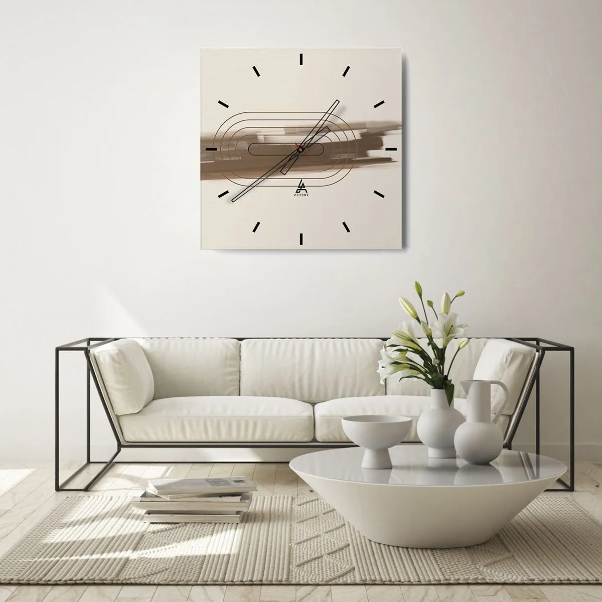 Zegar ścienny - Minimalistyczna kompozycja w odcieniach beżu i szarości z geometrycznym wzorem - 30x30cm - Powiew szarości - Nowoczesna dekoracja ścienna do salonu i sypialni ARTTOR