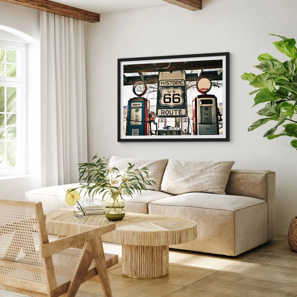 Plakat w czarnej ramie - Historyczna stacja benzynowa z symbolem Route 66 - 70x50cm - Amerykańska retro podróż - Nowoczesna dekoracja ścienna do salonu i sypialni ARTTOR