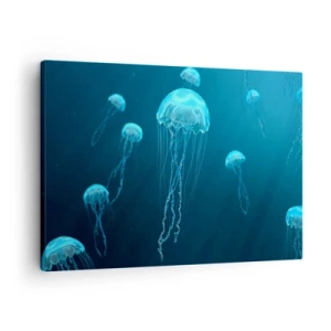 Obraz na płótnie - Meduzy unoszące się w głębinach oceanu w niebieskiej tonacji - 70x50cm - Oceaniczny taniec - Nowoczesna dekoracja ścienna do salonu i sypialni ARTTOR