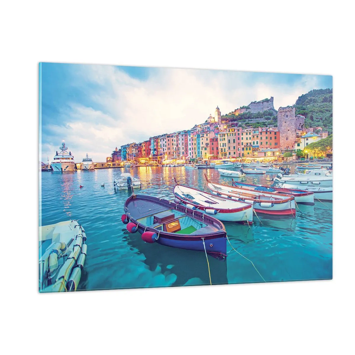 Obraz na szkle - Wieczorny widok na Cinque Terre z kolorowymi budynkami - 120x80cm - Kolorowy wieczór w porcie - Nowoczesna dekoracja ścienna do salonu, kuchni i sypialni ARTTOR