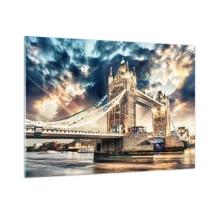 Obraz na szkle - Tower Bridge w Londynie na tle dramatycznego nieba - 100x70cm - Pomnik wiktoriańskiego imperium - Nowoczesna dekoracja ścienna do salonu, kuchni i sypialni ARTTOR