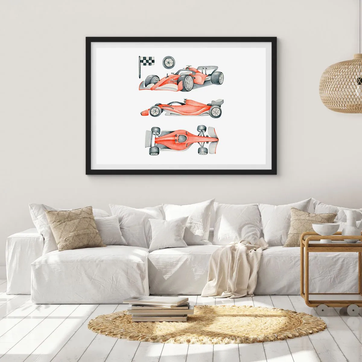 Plakat w czarnej ramie - Czerwony bolid wyścigowy z flagą w szachownicę - 70x50cm - Doścignąć marzenie - Nowoczesna dekoracja ścienna do salonu i sypialni ARTTOR