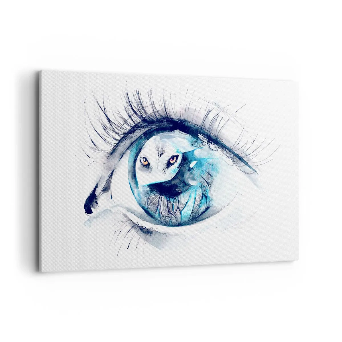Obraz na płótnie - Oko z wizerunkiem sowy w akwarelowych odcieniach niebieskiego - 120x80cm - Oko w oko z dzikością - Nowoczesna dekoracja ścienna do salonu, kuchni i sypialni ARTTOR