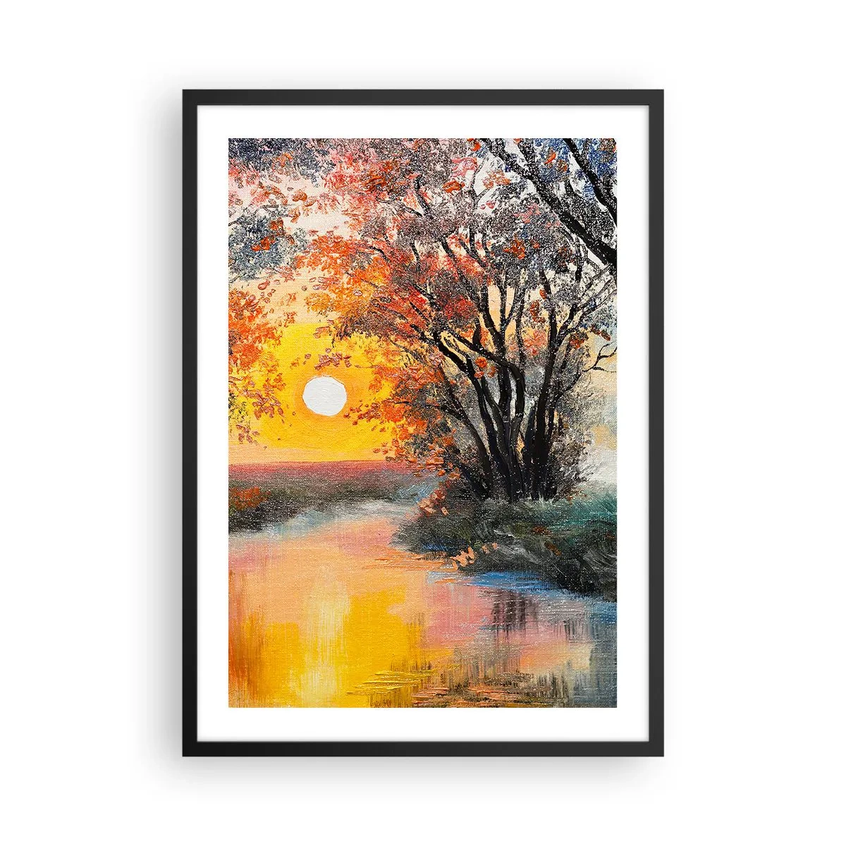 Plakat w czarnej ramie - Zachód słońca nad rzeką z drzewami - 50x70cm - Jesienne klimaty - Nowoczesna dekoracja ścienna do salonu i sypialni ARTTOR