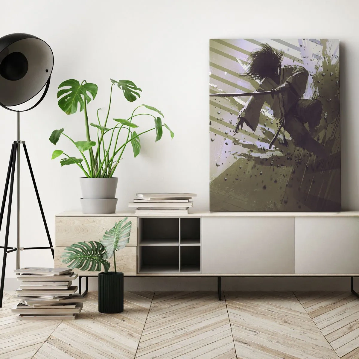 Obraz na płótnie - Dynamiczna walka dwóch postaci w futurystycznym stylu - 80x120cm - I ty możesz być samurajem - Nowoczesna dekoracja ścienna do salonu i sypialni ARTTOR