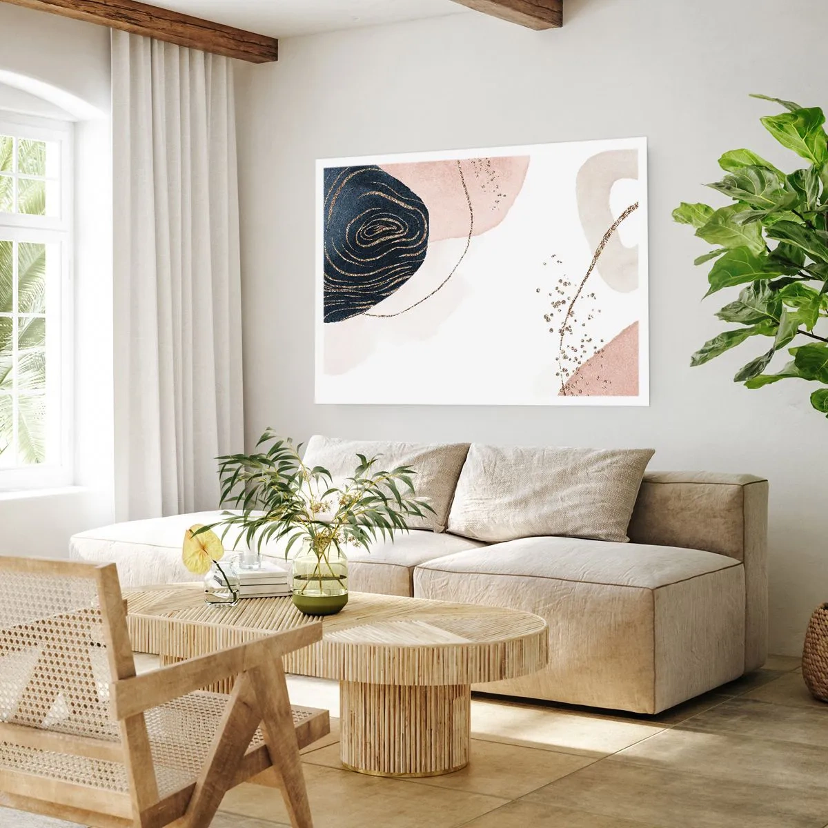 Plakat - Abstrakcyjne kształty w odcieniach beżu i granatu ze złotymi detalami - 100x70cm - Wszystko płynie - Nowoczesna dekoracja ścienna do salonu i sypialni ARTTOR
