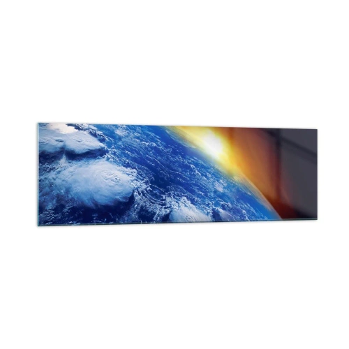 Obraz na szkle - Widok na Ziemię z kosmosu przy zachodzącym słońcu - 160x50cm - Wschód słońca nad błękitną planetą - Nowoczesna dekoracja ścienna do salonu i sypialni ARTTOR