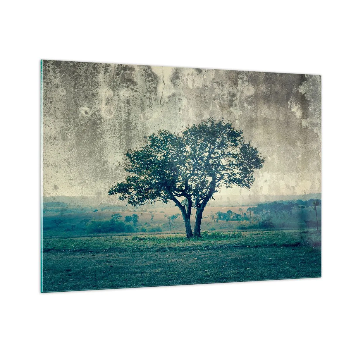 Obraz na szkle - Samotne drzewo na tle pejzażu w stylu vintage - 100x70cm - Jabłoń na błękitnym błoniu? - Nowoczesna dekoracja ścienna do salonu, kuchni i sypialni ARTTOR
