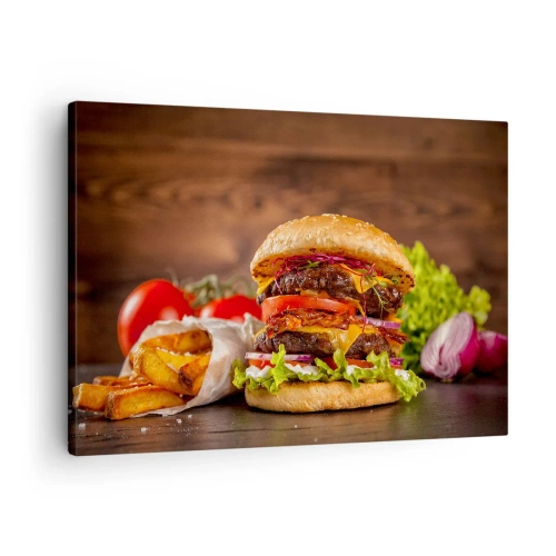 Obraz na płótnie - Apetyczny burger z dodatkami - 70x50cm - Zakazany owoc - Nowoczesna dekoracja ścienna do salonu i sypialni ARTTOR