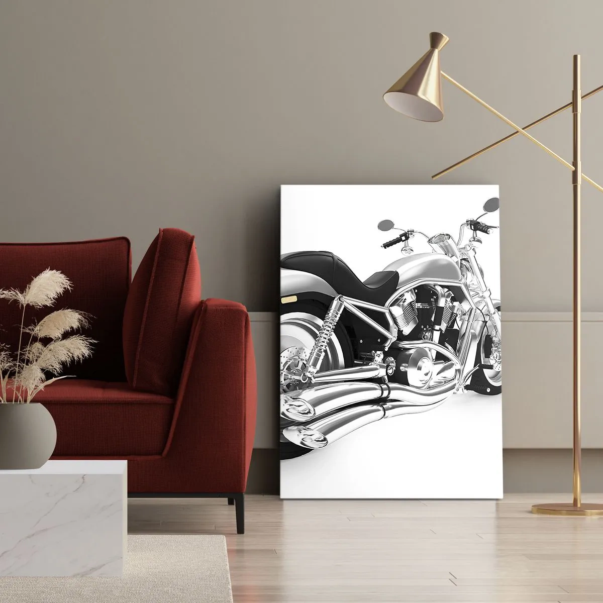 Obraz na płótnie - Chromowany motocykl na białym tle - 80x120cm - Marzenie kolekcjonera - Nowoczesna dekoracja ścienna do salonu i sypialni ARTTOR