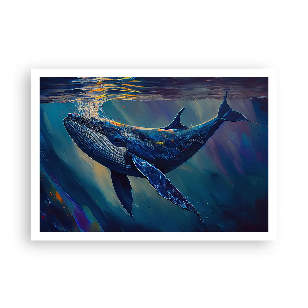 Plakat - Wieloryb w głębinach oceanu w świetlistych barwach - 100x70cm - Witaj w moim świecie - Nowoczesna dekoracja ścienna do salonu i sypialni ARTTOR