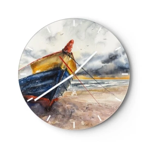 Zegar ścienny - Kolorowa łódź na piaszczystej plaży w malarskim stylu - 30x30cm - Odpoczynek na brzegu - Nowoczesna dekoracja ścienna do salonu, kuchni i sypialni ARTTOR