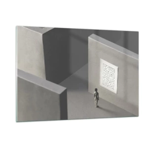 Obraz na szkle - Dziecko w labiryncie z symbolem zagadki - 120x80cm - Ale gdzie jestem? - Nowoczesna dekoracja ścienna do salonu, kuchni i sypialni ARTTOR