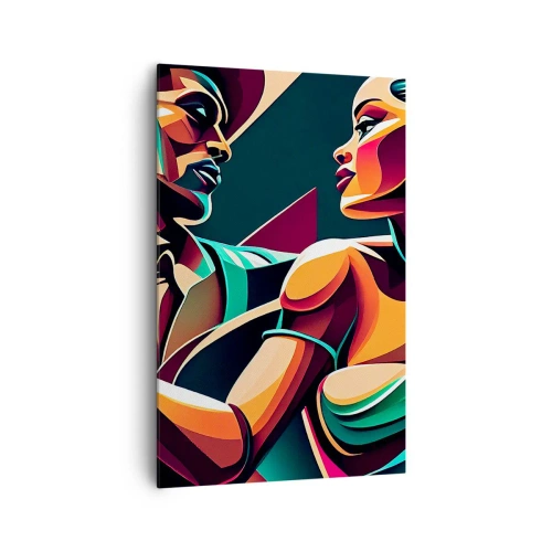 Obraz na płótnie - Stylizowana para tańcząca w żywych, geometrycznych barwach - 80x120cm - W rytmie serca - Nowoczesna dekoracja ścienna do salonu i sypialni ARTTOR