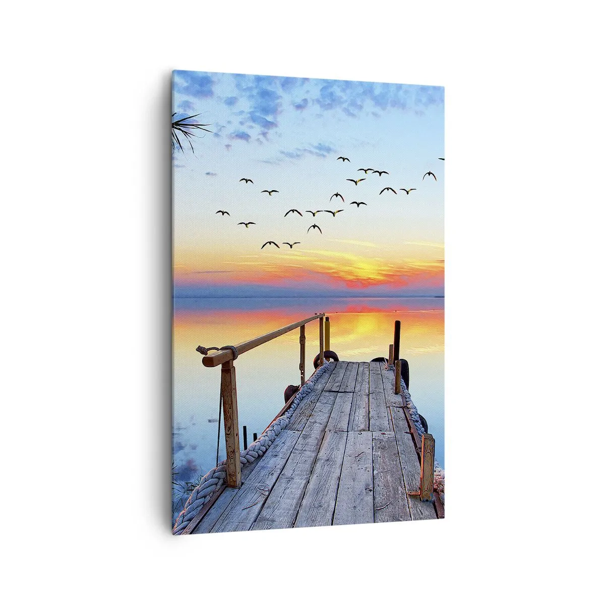 Obraz na płótnie - Drewniany pomost nad jeziorem o zachodzie słońca - 80x120cm - Pora wracać… - Nowoczesna dekoracja ścienna do salonu i sypialni ARTTOR