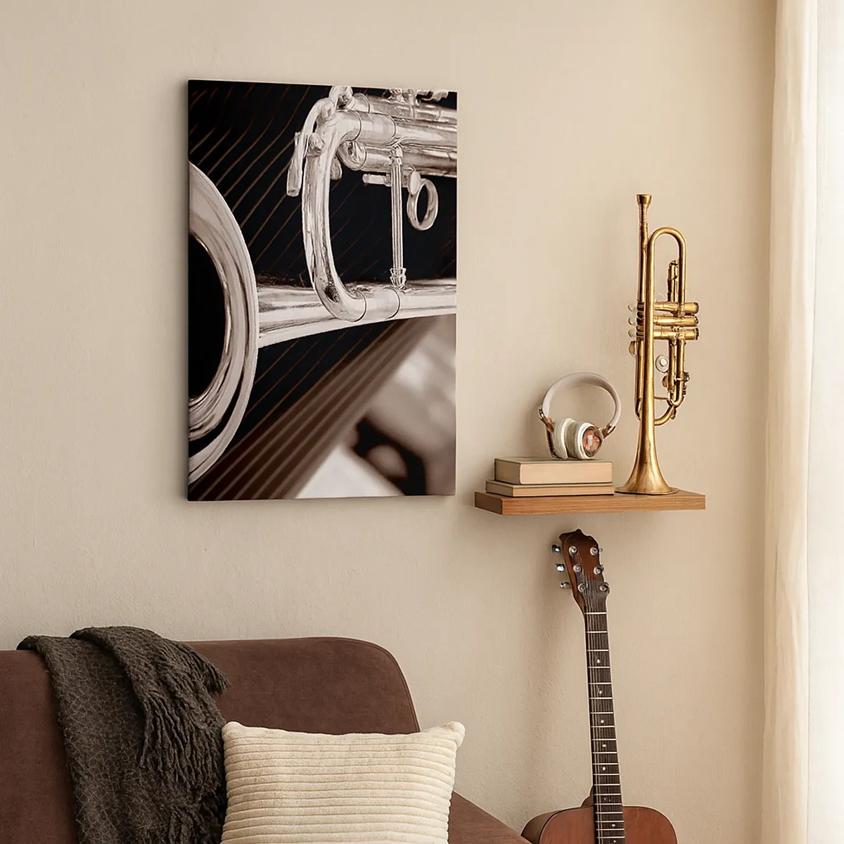 Obraz na płótnie - Blacha trąbki w zbliżeniu w stylu retro - 50x70cm - Muzyczna podróż do lat 30. - Nowoczesna dekoracja ścienna do salonu, kuchni i sypialni ARTTOR