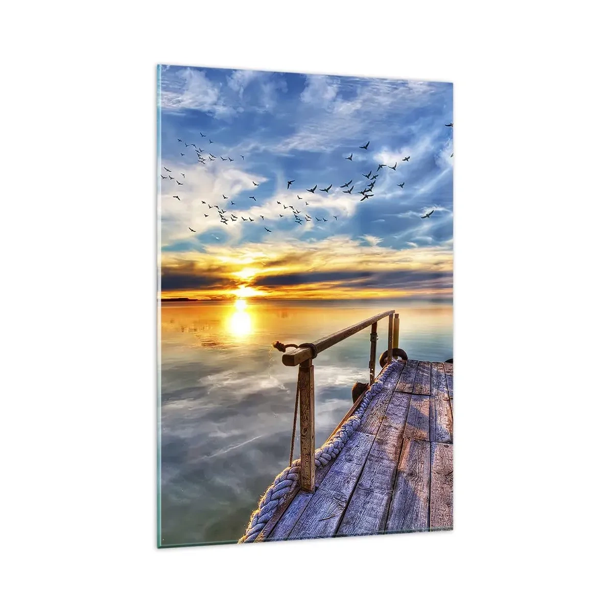 Obraz na szkle - Drewniany pomost nad jeziorem o zachodzie słońca - 80x120cm - Wiatr idzie na spoczynek - Nowoczesna dekoracja ścienna do salonu i sypialni ARTTOR