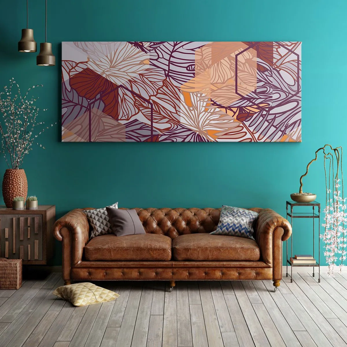 Obraz na płótnie - Dekoracyjny wzór liści tropikalnych w odcieniach fioletu, pomarańczu i beżu - 120x50cm - Związek niemozliwy geometrii i natury - Nowoczesna dekoracja ścienna do salonu i sypialni ARTTOR