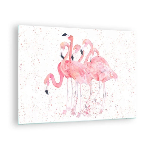Obraz na szkle - Akwarelowe flamingi na jasnym tle z delikatnymi plamkami - 70x50cm - Różowy ansambl - Nowoczesna dekoracja ścienna do salonu i sypialni ARTTOR