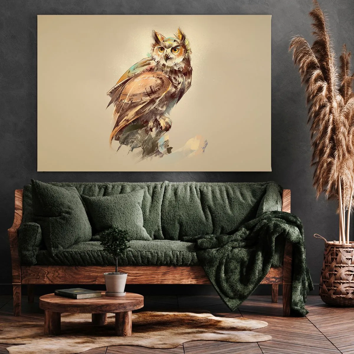 Obraz na płótnie - Artystyczny portret sowy na jasnym tle w ciepłych odcieniach - 70x50cm - Najmądrzejsza sowa - potwierdzi dąbrowa - Nowoczesna dekoracja ścienna do salonu i sypialni ARTTOR