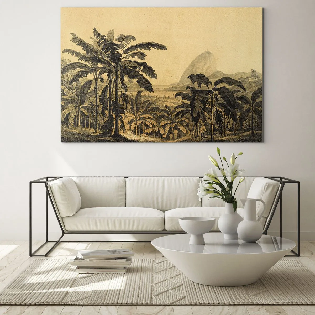 Obraz na szkle - Zabytkowa ilustracja plantacji bananowców z odległą górą w tle - 70x50cm - w kolonialnym klimacie - Nowoczesna dekoracja ścienna do salonu i sypialni ARTTOR
