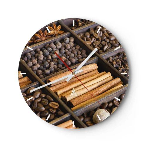 Zegar ścienny - Drewniana przegroda z różnorodnymi przyprawami i kawą - 30x30cm - Skarbiec aromatów - Nowoczesna dekoracja ścienna do salonu, kuchni i sypialni ARTTOR