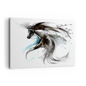 Obraz na płótnie - Kobieta i koń w mistycznej akwareli pełnej dynamiki - 100x70cm - Galop Czarnego Księcia - Nowoczesna dekoracja ścienna do salonu, kuchni i sypialni ARTTOR